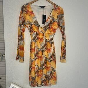 NEW BCBGMaxAzria Orange Long Sleeve Dress Nylon Watercolor Artsy Mini Colorful